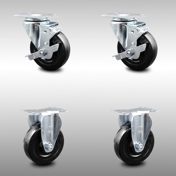 4 Inch SS Hard Rubber Wheel Swivel Top Plate Caster Set with 2 Brake 2 Rigid SCC